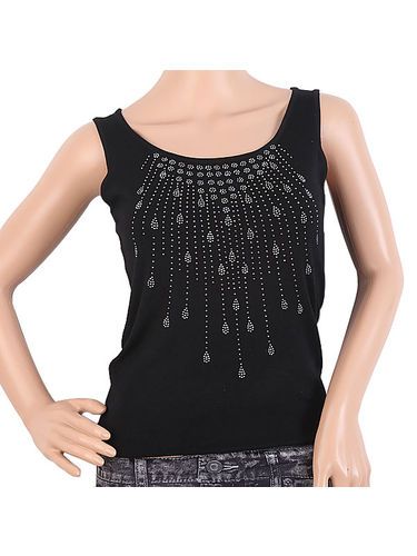 Embellished Rhinestones Camisole Pescoço Feminino Rodada